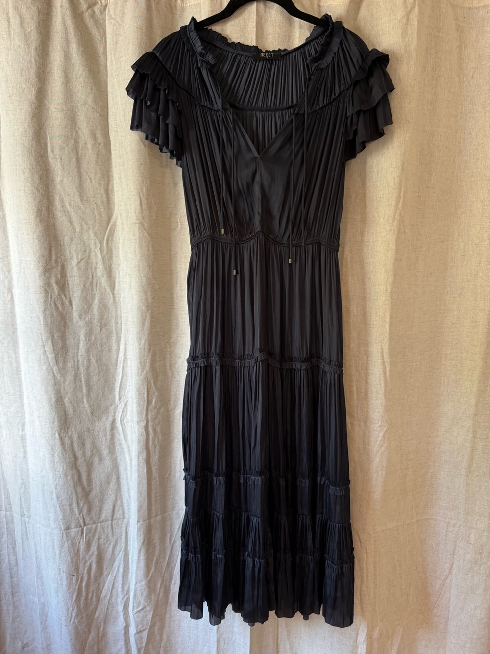 Navy Tiered Maxi Dress with Ruffle Cap Sleeves